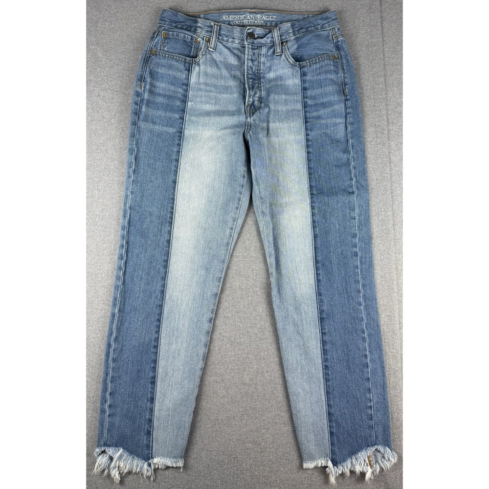 American Eagle Vintage Hi Rise Color Block Jeans Raw Hem Button Fly Womens 8